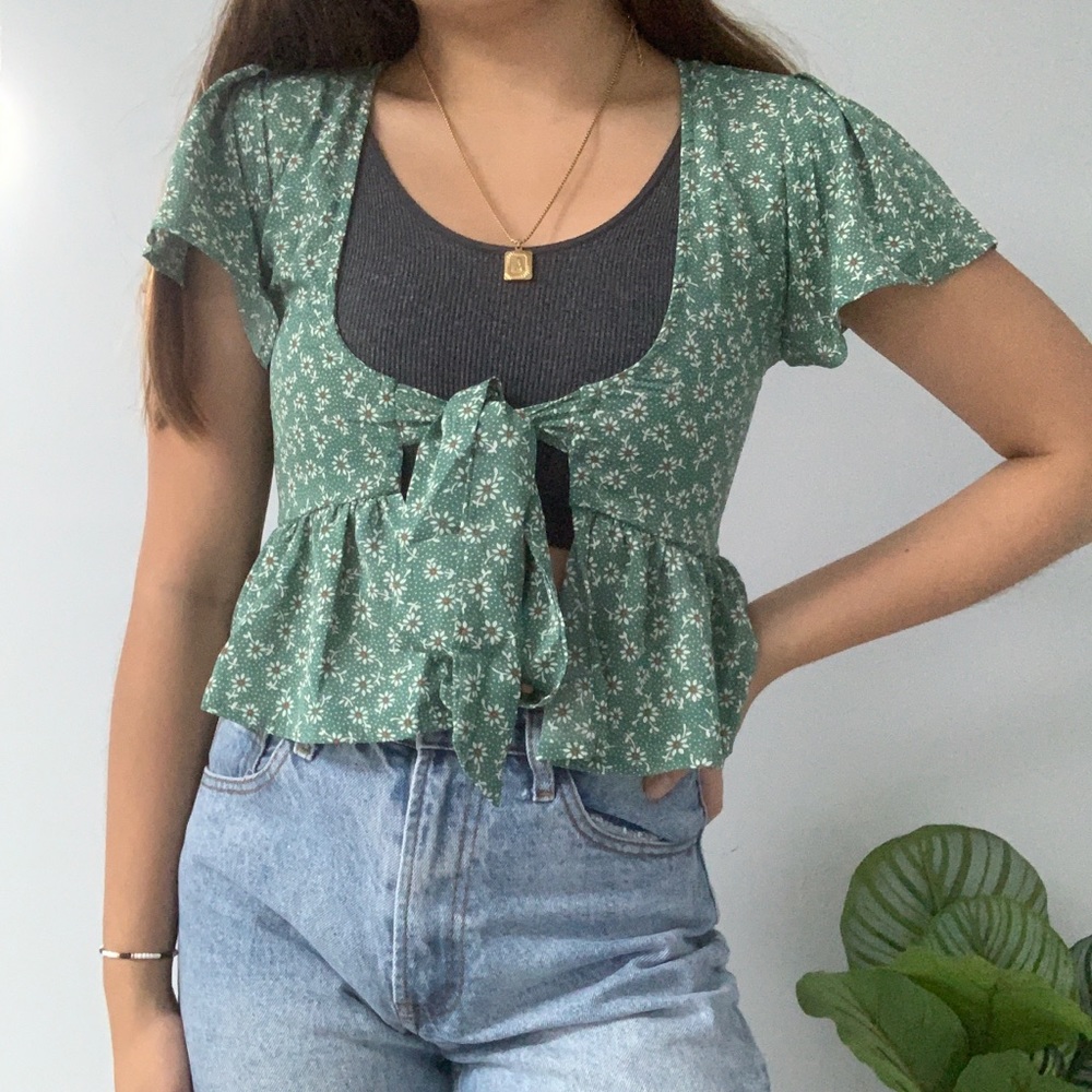 green summer ribbon wrap top